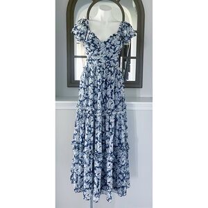 Aqua Floral Chiffon Dress w/Flutter Sleeves, Tiered Blue Multi Size XS New w/Tag